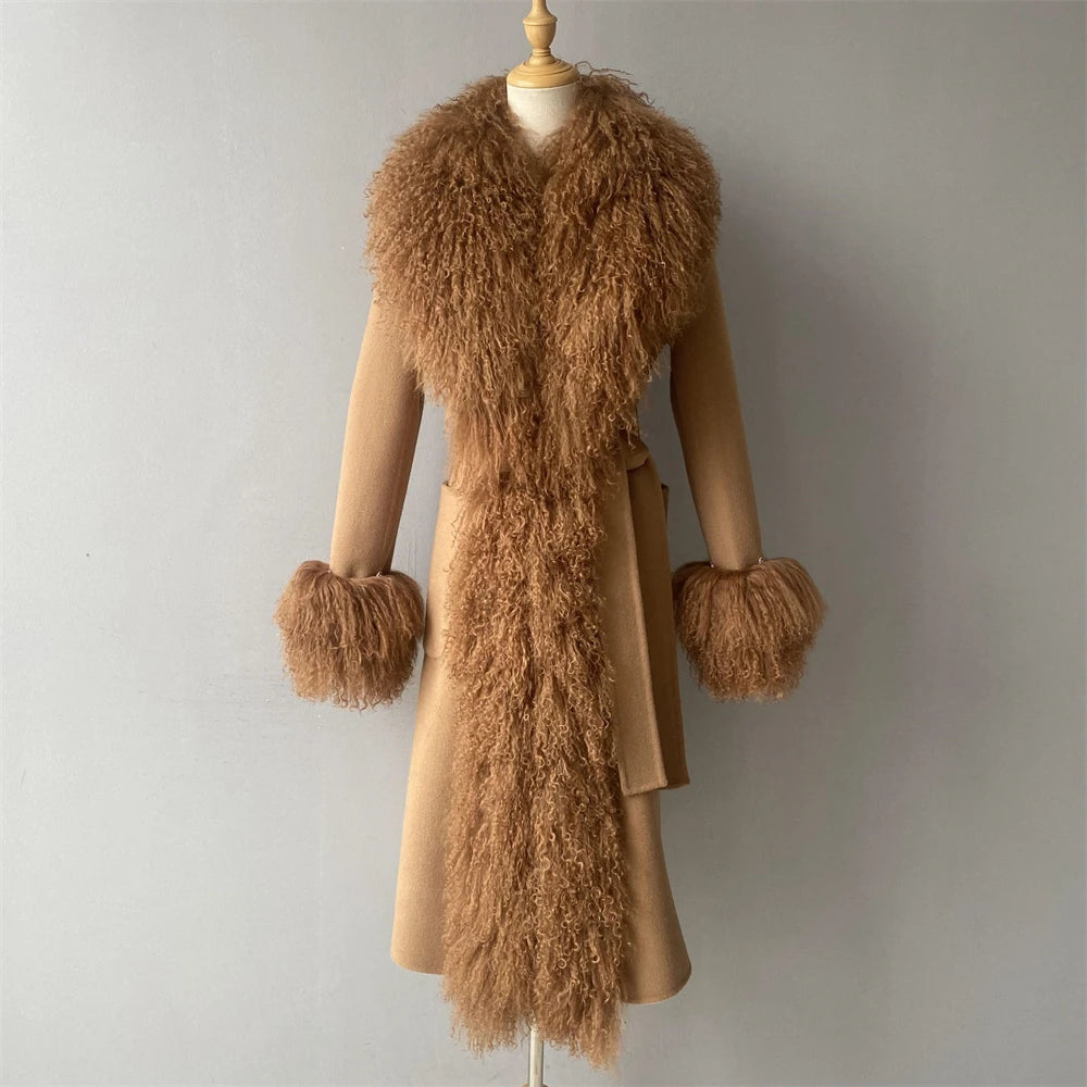 Brown fur vest and coat on a mannequin against a plain background