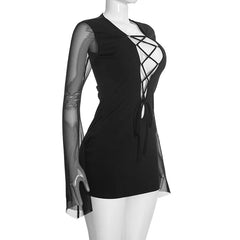 Bell Sleeve Lace Up Mesh Deep Neck Mini Dress