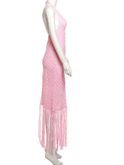 Mannequin wearing a pink fringe dress on a white background