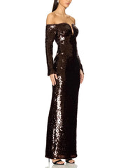 A-line brown sequin gown styled for formal events