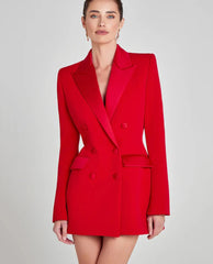 Woman wearing a red blazer dress with 'Modphy' branding on a light gray background