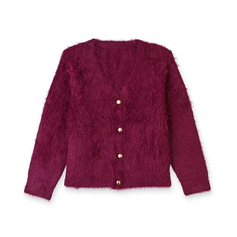 Maroon cardigan with gold buttons on a white background