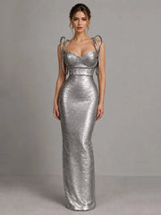 Metallic spaghetti strap sheath dress