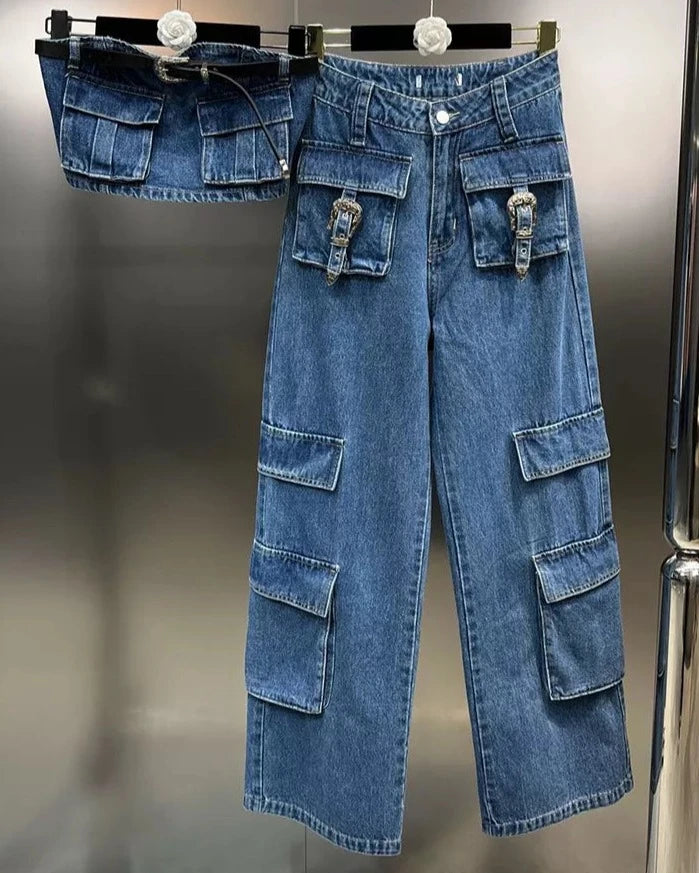 Belted Denim Short High Waist Splice Pocket Cargo Jeans Set