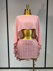 Pink chiffon cape and sequin mini skirt set