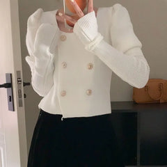 Square Collar Double Breasted Puff Sleeve Cardigan