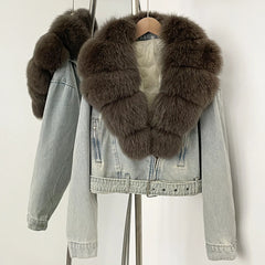 Denim jacket with brown fur collar 
