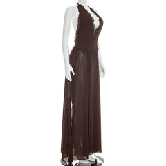 Brown Deep Neck High Split Maxi Dress