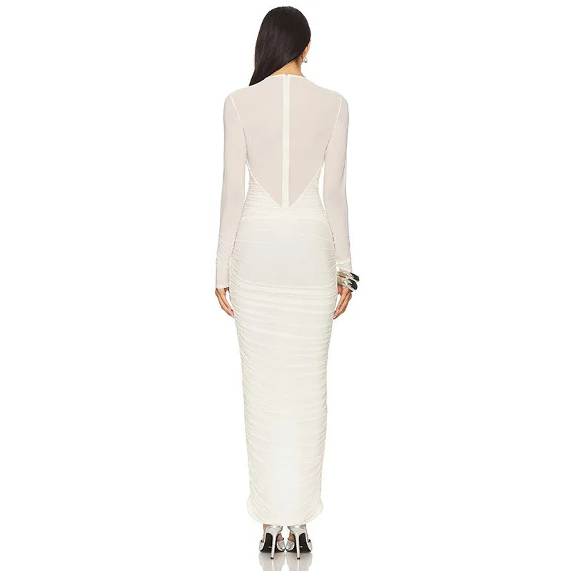 Long sleeve ruched split hem dress back view