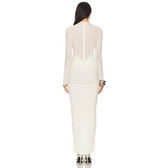 Long sleeve ruched split hem dress back view
