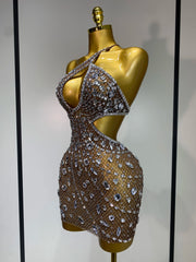 Crystal One Shoulder Mesh Bodycon Mini Dress