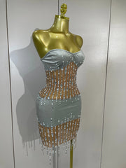 Strapless rhinestone chain mini dress angled view