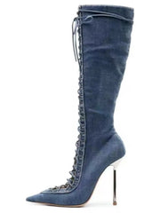 Lace Up Knee High Heel Boots