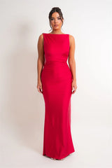 One Shoulder Low Back Draped Buckle Maxi Dress