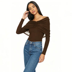 Off Shoulder Pleated Mesh Top