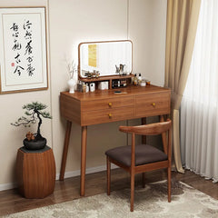  Modern minimalist walnut vanity set with mirror, chair, and ample drawer storage. Golden Atelier 2