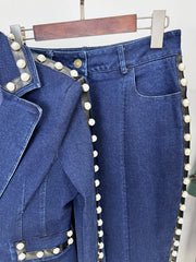 Beaded Denim Blazer and Wide Leg Jeans Suit