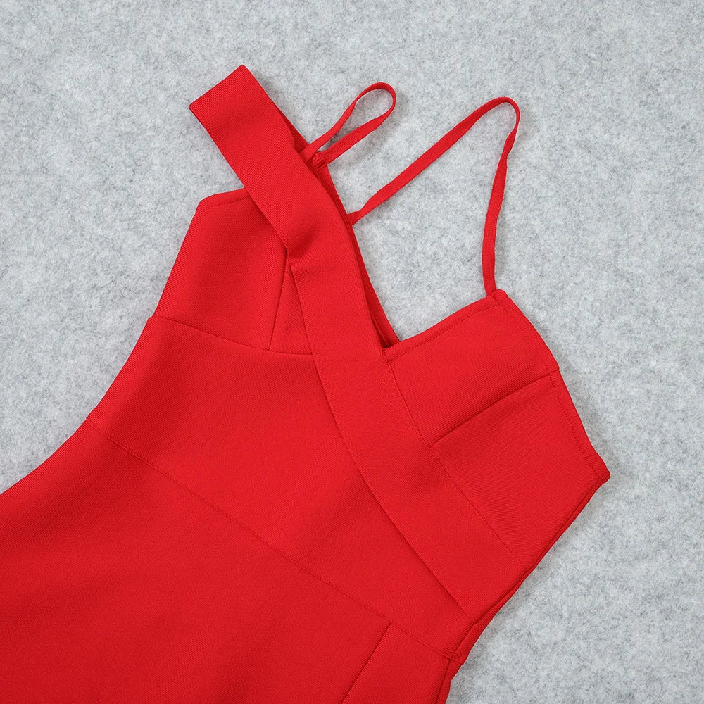 Red dress with thin straps on a gray background