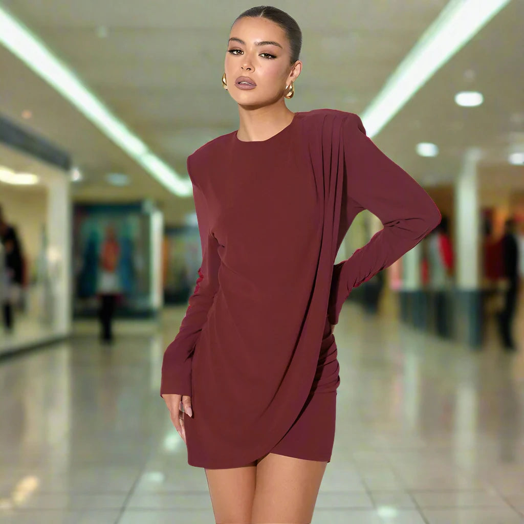 Wine Red Long Sleeve Patchwork Draped Mini Dress