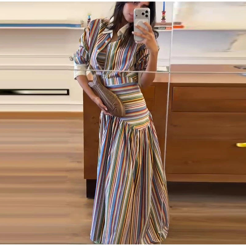 Striped button-front shirt and maxi skirt set
