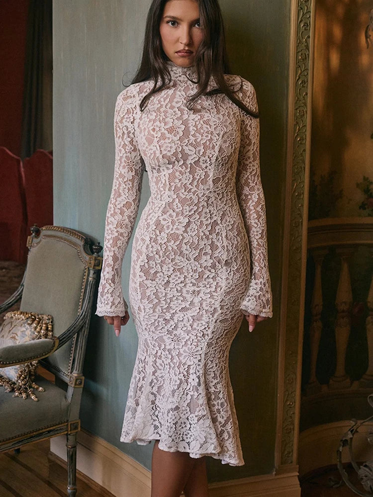 Lace Turtleneck Midi Dress