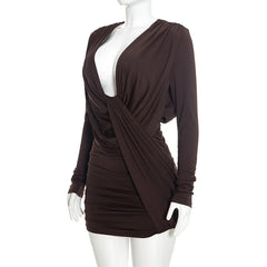 Draped Deep Neck Long Sleeve Mini Dress