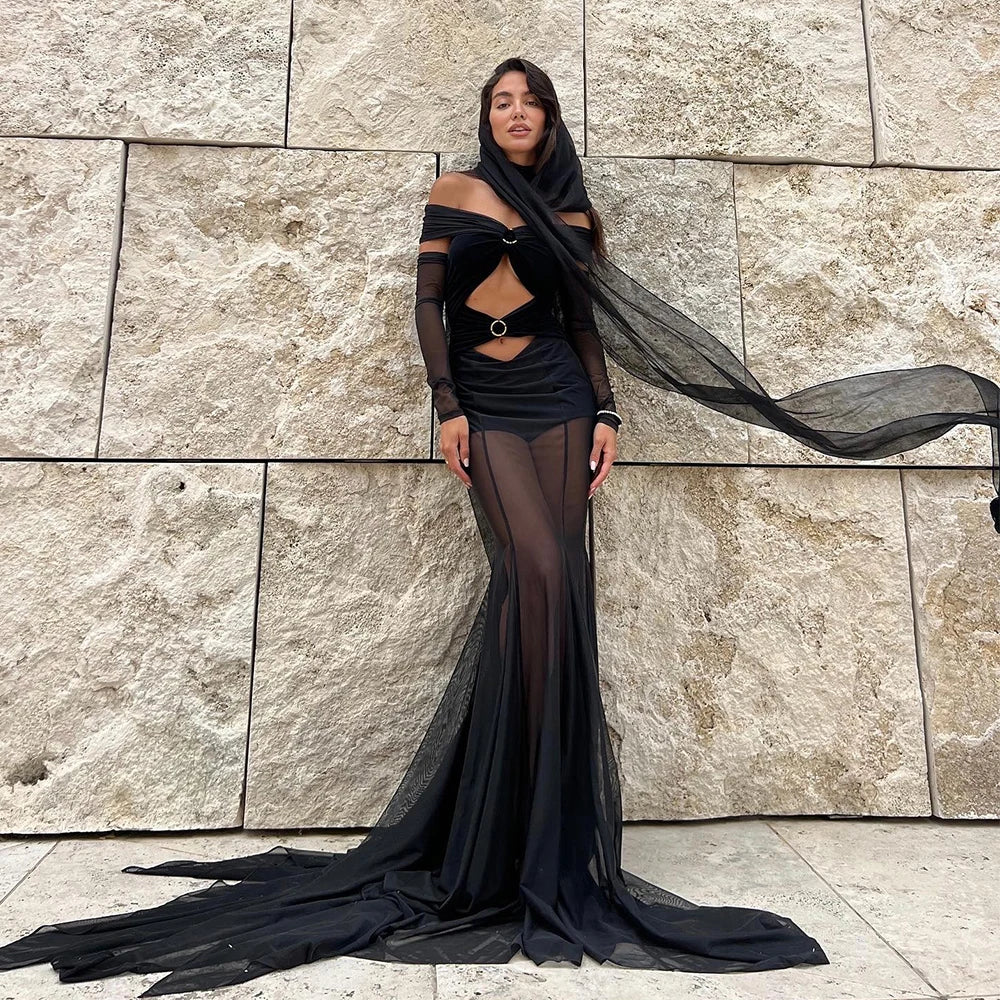 Black Off The Shoulder Mesh Folded Scarf Maxi Dress