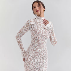 White Lace Half High Neck Fishtail Dress