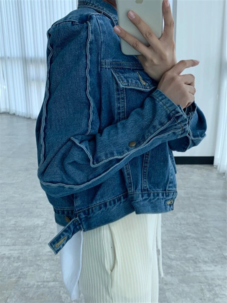 Cropped Denim Solid Single-breasted Long Sleeve Jacket