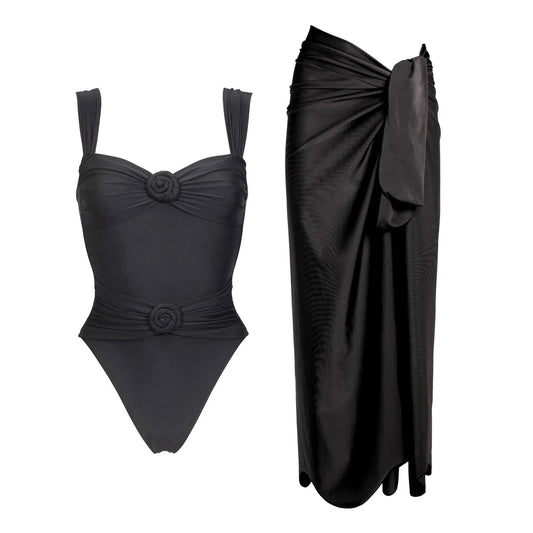 Gathered bust ruched waist one-piece swimsuit and wrap skirt set in black