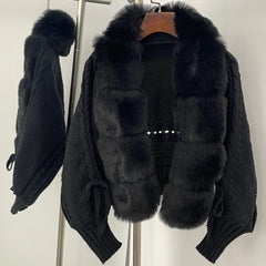 textured knit cropped jacket with faux fur