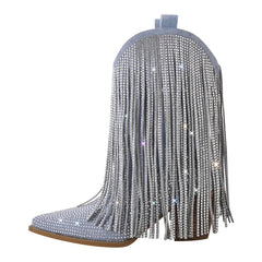 Blue boot with rhinestone fringe on a white background