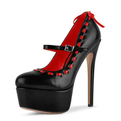 Black platform Mary Jane stiletto heels with red contrast stitching and back bow detail