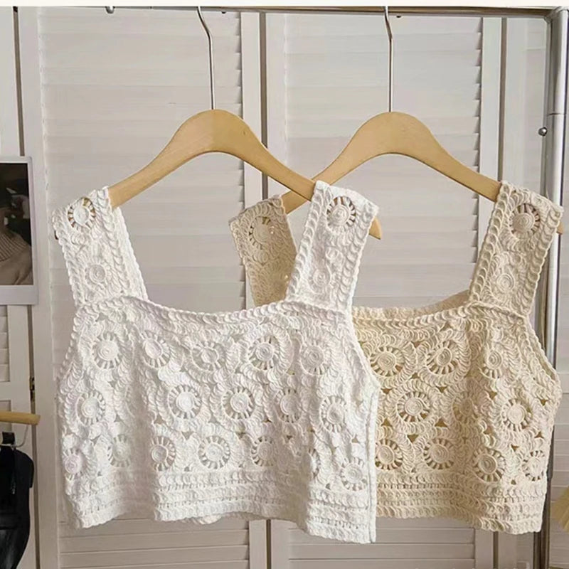 Hollow Crochet Sleeveless Floral Camisole Top