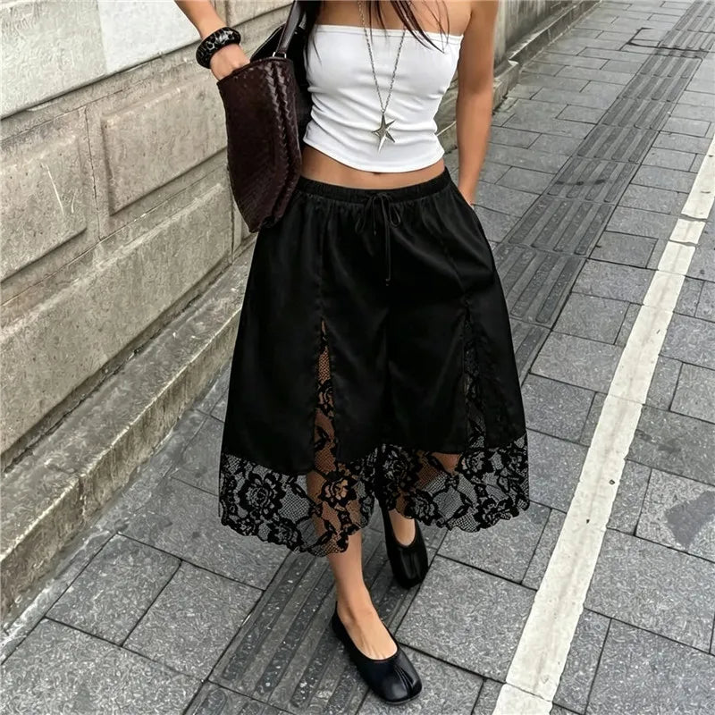 Black lace trim split capri shorts