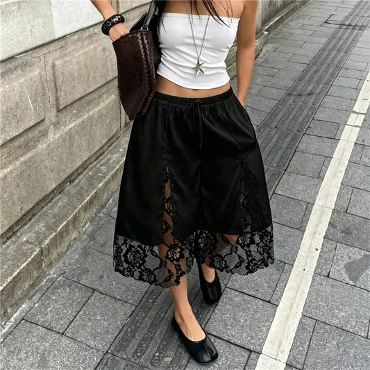 Black lace trim split capri shorts