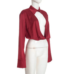 Satin Front Hollow Out Draped Long Sleeve Shirt