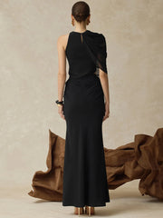 Black One Shoulder Sheer Sleeve Top & Maxi Skirt Set