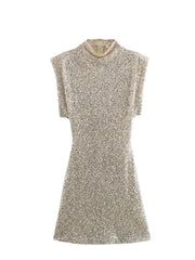 Women Solid Silvery Sequins Short Dress
