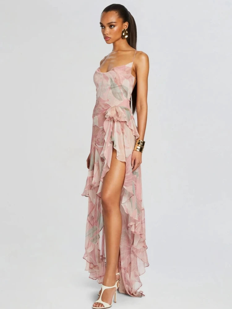 Spaghetti strap floral print ruffle high-slit asymmetrical hem maxi dress side view