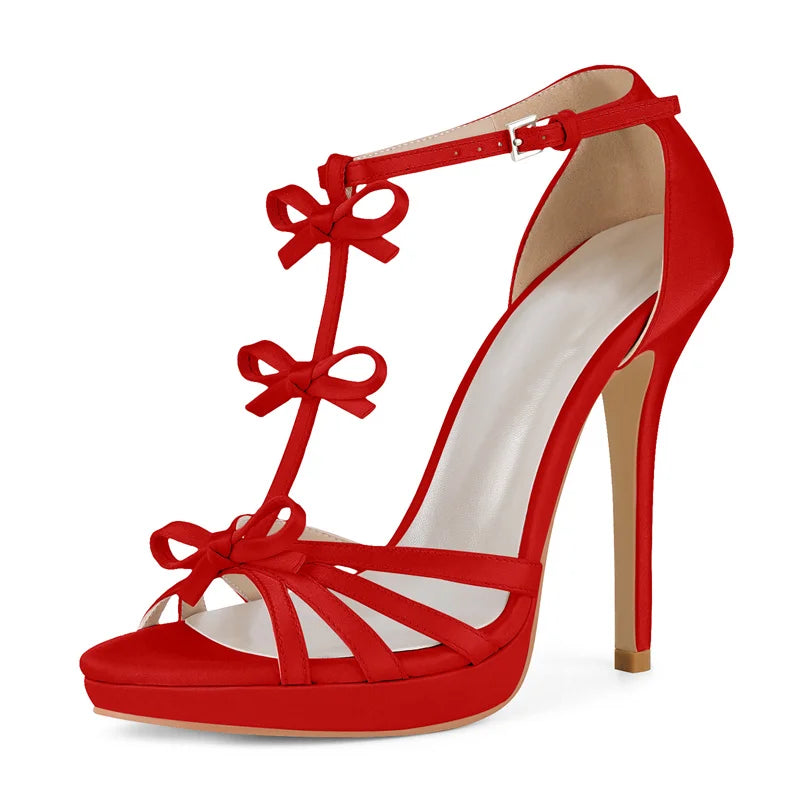 Satin bow stiletto dress heel in red