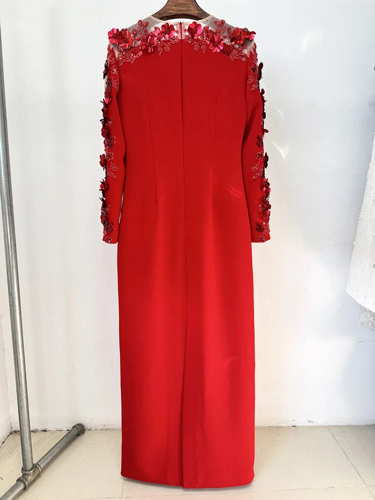 Red three-dimensional flower mesh sleeve maxi dress, detail on hanger