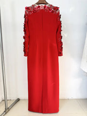 Red three-dimensional flower mesh sleeve maxi dress, detail on hanger