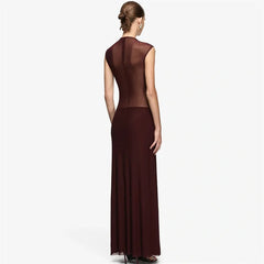 Mock Neck Draped See-Through Double-Layer Maxi Dress