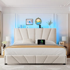 Beige upholstered bed in a modern bedroom with decorative elements.