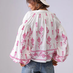 Embroidered Cotton Blouse with Lantern Sleeves