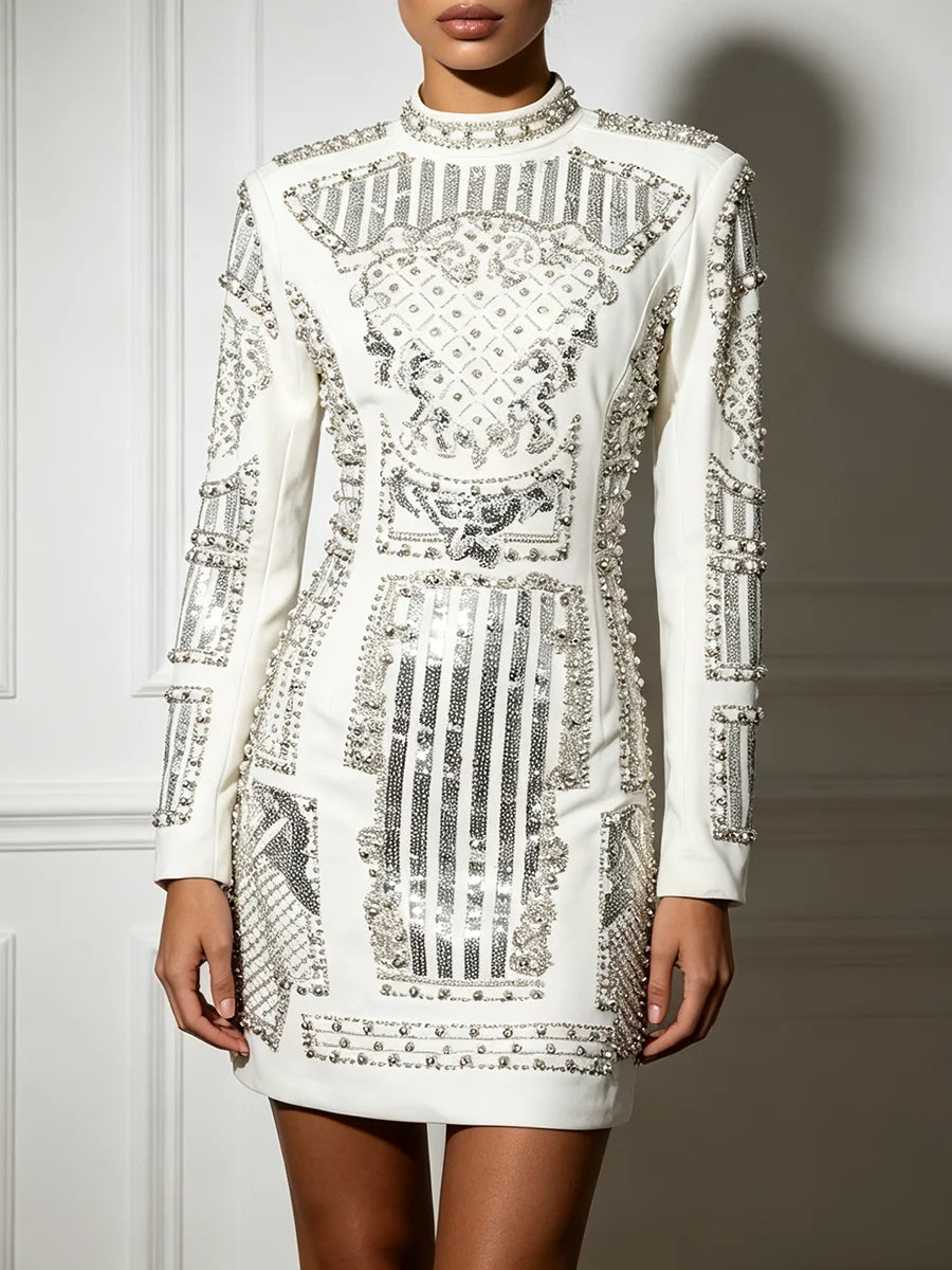 White embellished high neck mini dress with long sleeves