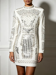 White embellished high neck mini dress with long sleeves