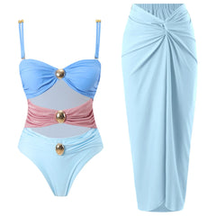 One-Shoulder Swimsuit with Oversized Flower Detail and Matching Printed Sarong Set