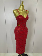 Pearl Beaded Sequins Spaghetti Strap Bodycon Long Dress